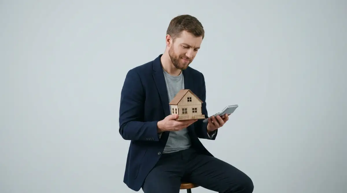 A young male homeowner calculating his local property taxes easily at home.