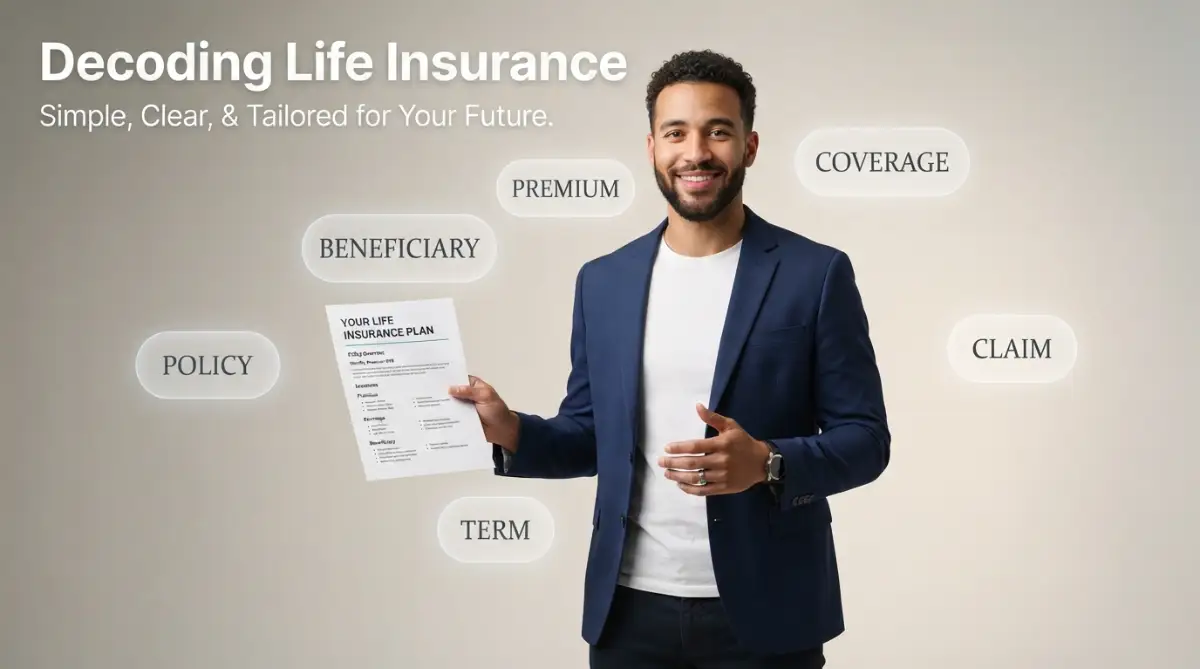 A confident young man holding a simplified document, representing a complete beginner's guide to decoding life insurance terminology without confusion.